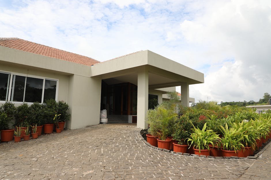Entrance of a modern home with potted plants and paved walkway under cloudy sky.
